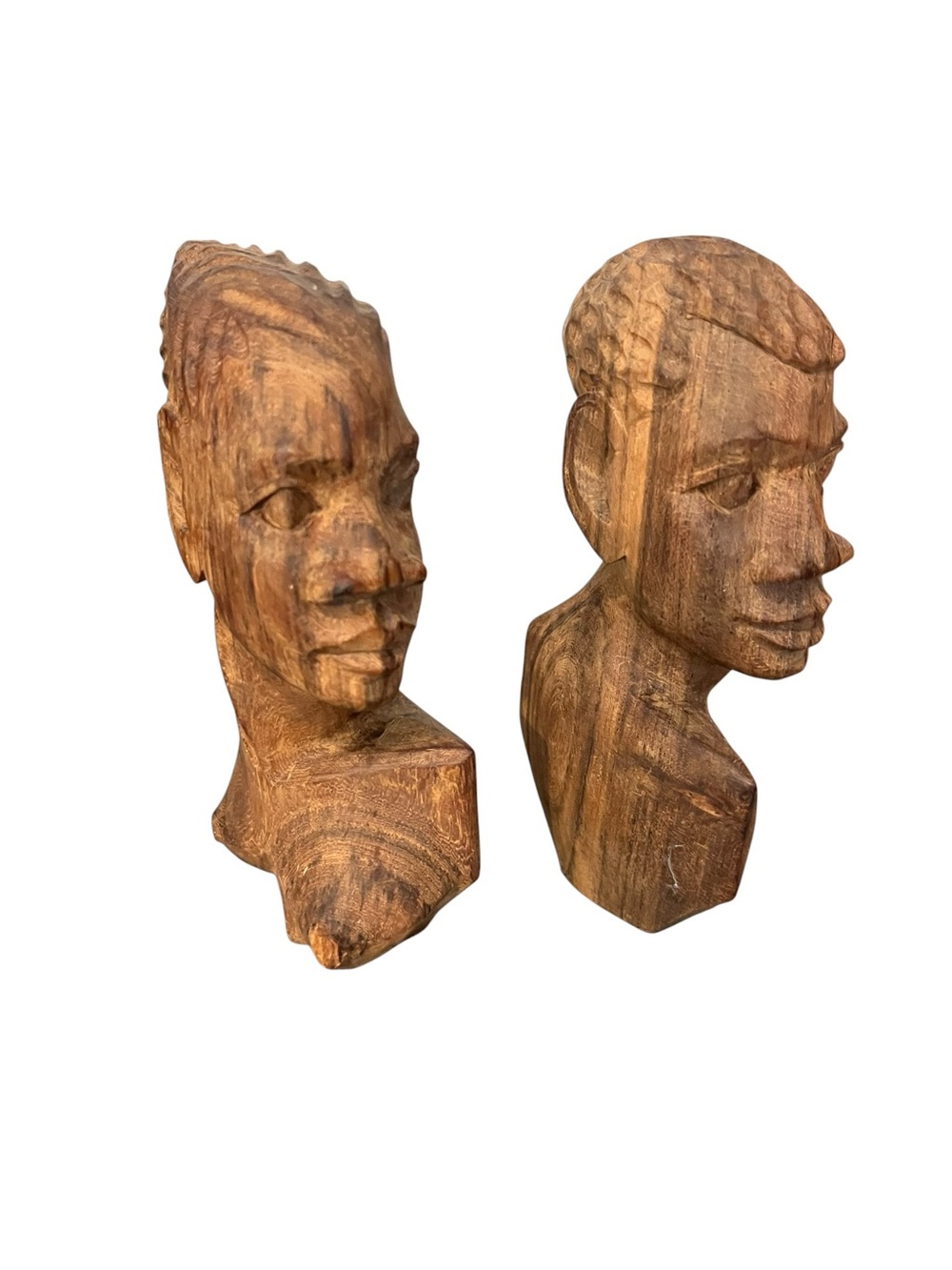 VTG African Tribal Hand Carved Wooden Male Female Head Sculptures Bust Decor